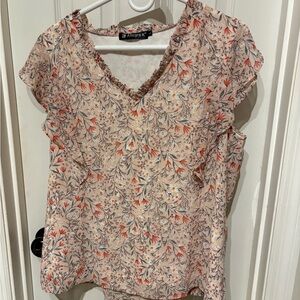 Allegra K Women's Floral V-Neck Blouse - Cream and Orange